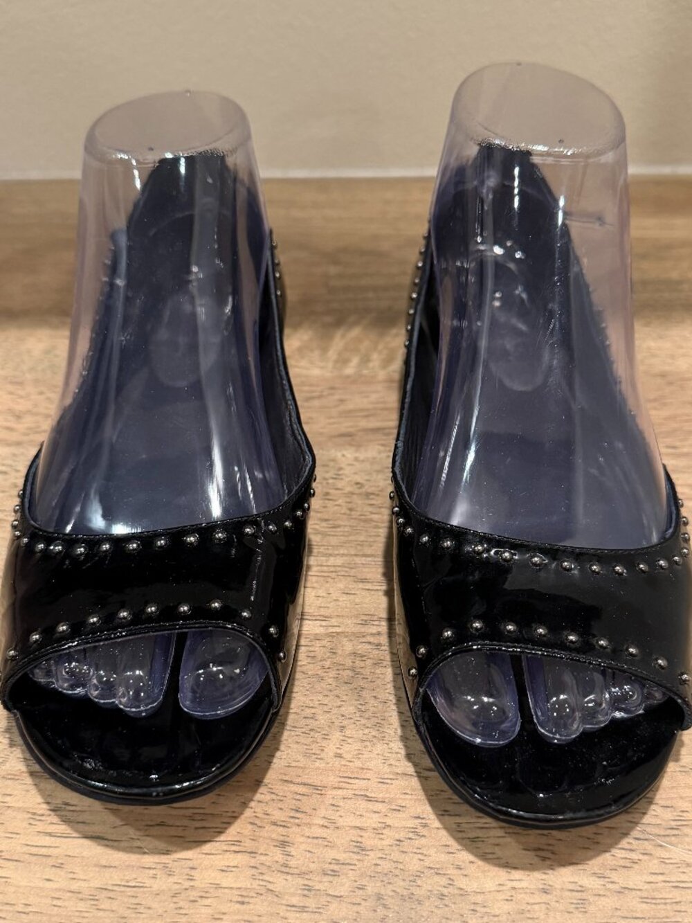 Cole Haan Black Patent Leather Studded Open Toe Flats w/ Nike Air 7.5 - Picture 4 of 8